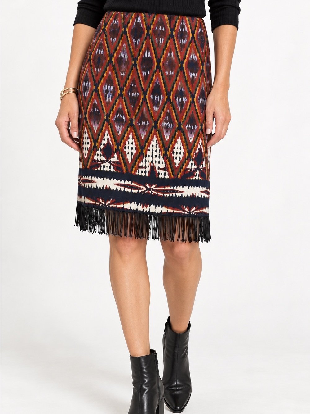 Vanessa Bruno Silk Blend Ikat Fringe Pencil Skirt Size 36